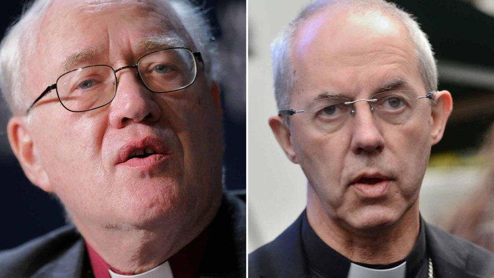 Former Archbishop of Canterbury George Carey and incumbent Justin Welby