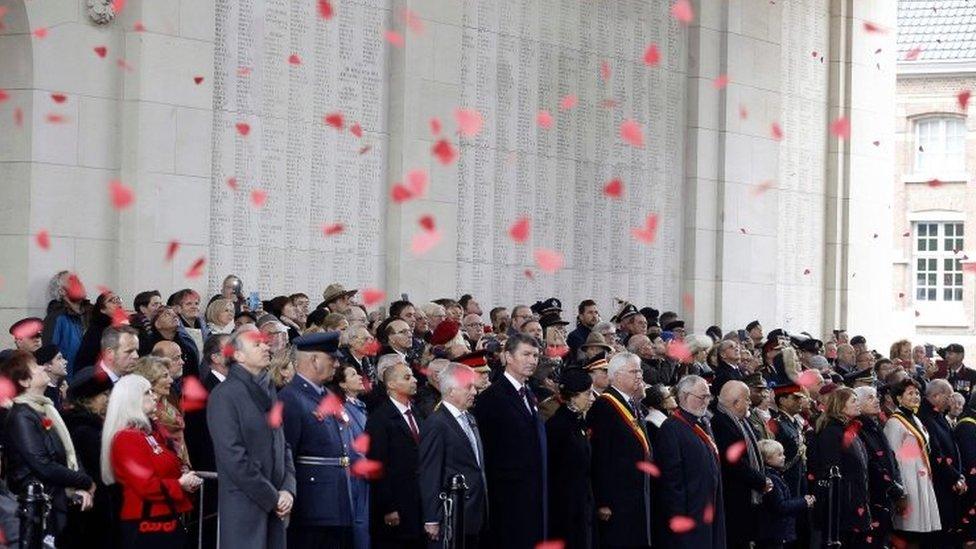 Princess Anne pays a tribute during the Last Post ceremony at the Commonwealth War Graves Commission of the Ypres Memorial at the Menenpoort Ypres,