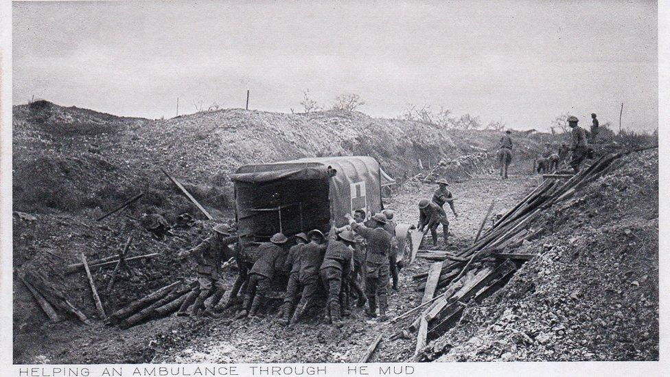 Men push ambulance through mud at Mametz Wood, July 1916