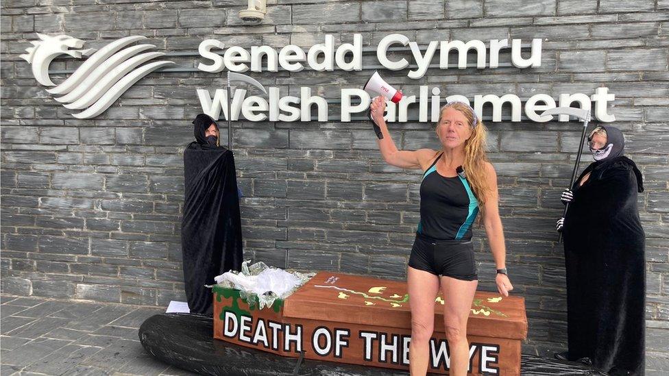 Angela Jones outside the Senedd protesting