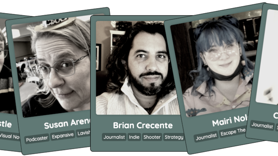 A series of digital cards with photos of different experts accompanied by their names and several tags outlining their areas of expertise and interest. Susan Arendt (podcaster) Brian Crecente (journalist) and Mairi Nolan (Escape room designer) are featured.