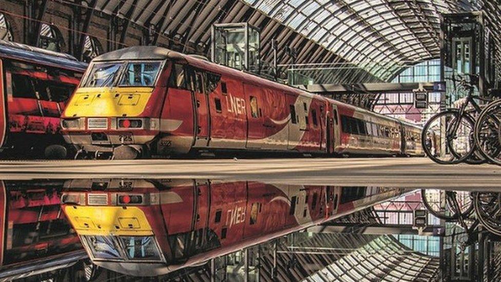 Bradley Langton's photo of a reflected view of an LNER train at London's Kings Cross Station