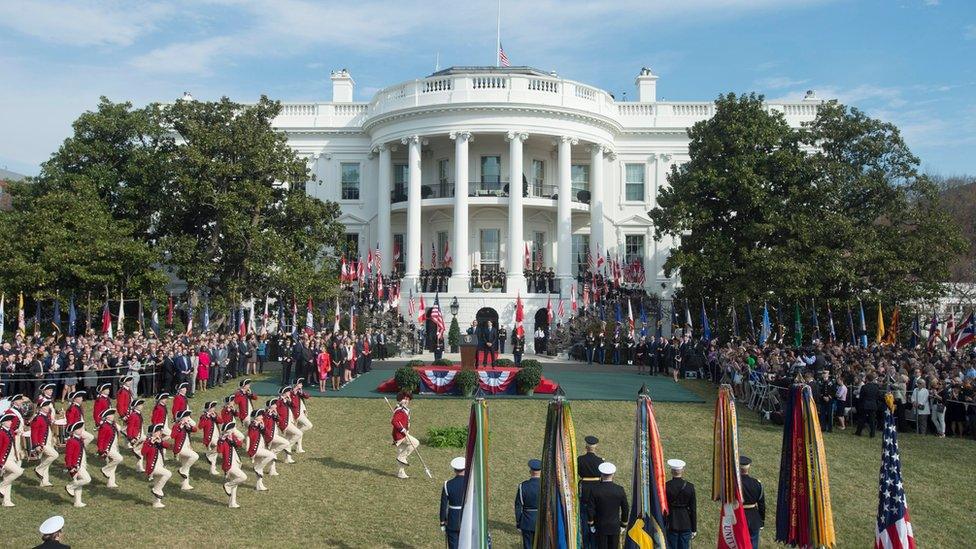 US President Barack Obama (C-L) and Prime Minister of Canada Justin Trudeau (C-R) watch the Fife and Drum Corps perform at an arrival ceremony on the South Lawn of the White House, in Washington, DC, USA, 10 March 2016.