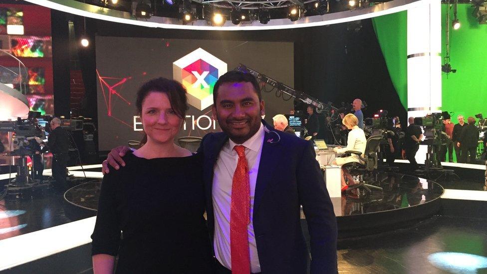 Amol Rajan and media producer Elizabeth Needham-Bennett at BBC Elstree on election night.