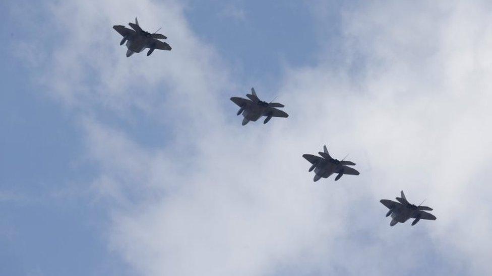 Four F-22 (Raptor) of the USA Air Force, fly over Osan Air Base in Pyeongtaek, South Korea