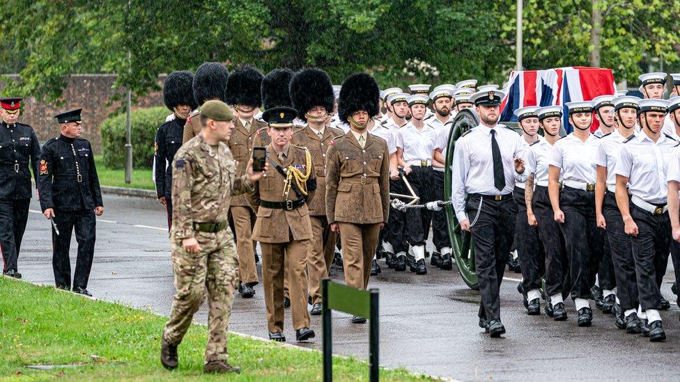 Royal Navy personnel take part in rehearsals for Queen Elizabeth II's funeral at HMS Collingwood, Fareham, Hampshire