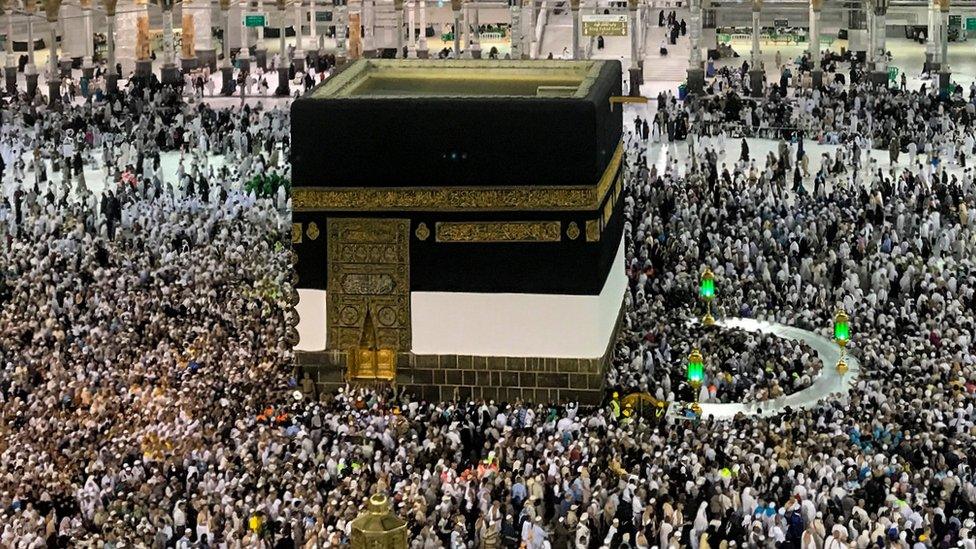 Hajj pilgrims circumambulate around the Kaaba, Islam's holiest site