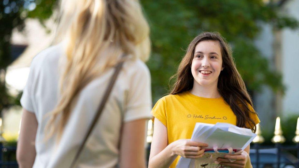 Kayla Nemeth smiles as she checks her GCSE results at Ffynone House school on August 20, 2020 in Swansea, Wales