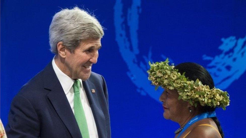 US Secretary of State John Kerry (left) shakes hands with Easter Island Governor Marta Hotus Tuki during the "Our Ocean" meeting in Vina del Mar, Chile, October 5, 2015.