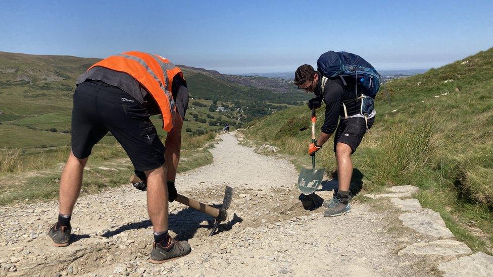 Repairs are made to a path in Eryri, or Snowdonia