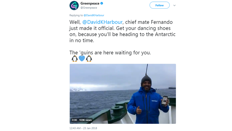 Screengrab of the tweet from Greenpeace. Reads: Well, @DavidKHarbour, chief mate Fernando just made it official. Get your dancing shoes on, because you'll be heading to the Antarctic in no time.