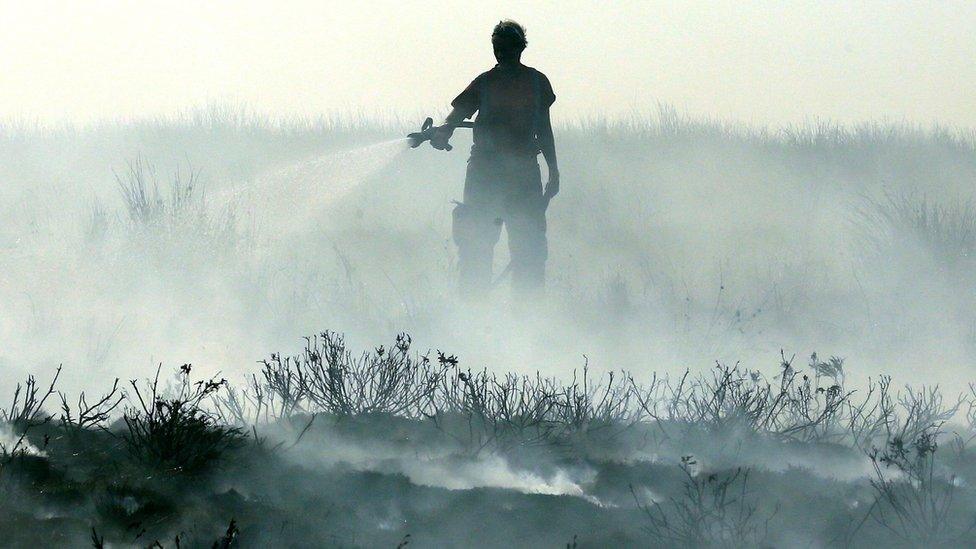 A firefighter tackles wildfires in Lancashire