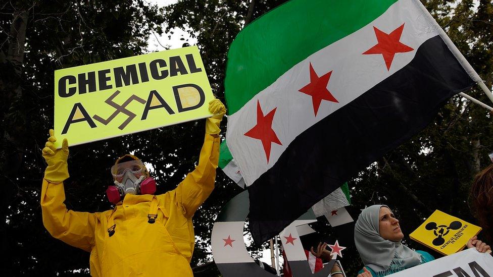 US protestors call for action against the Assad regime following its alleged deployment of chemical weapons. 2013.