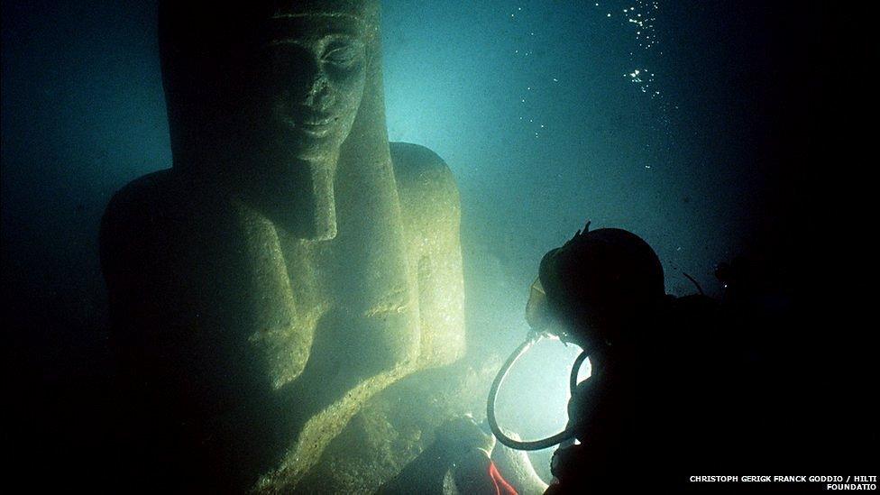 A statue of Hapy at the bottom of the Nile Delta. Around the 7th Century BC the cities of Thonis-Heracleion and Canopus sat opposite each other on islands in the Egyptian Delta - a large area to the north of Egypt where the Nile starts to spread out before it drains in to the Mediterranean sea.