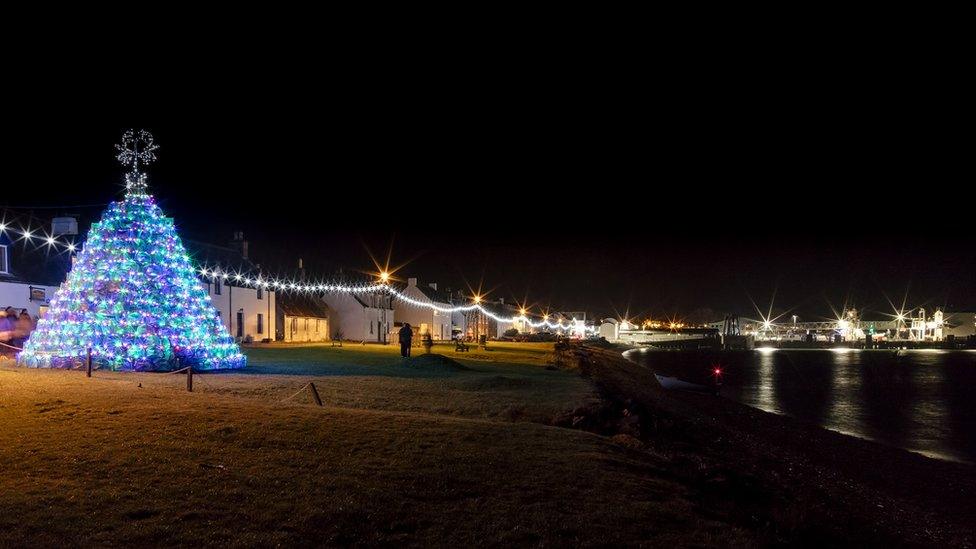 Ullapool's lit up creel Christmas tree