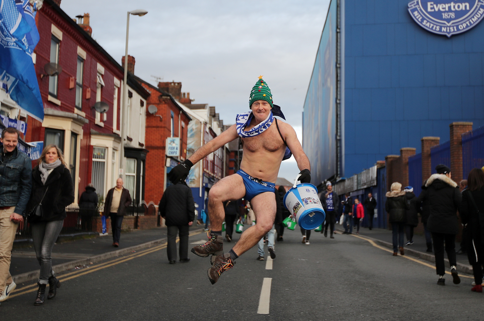 Speedo Mick clicks his heels outside Goodison Park