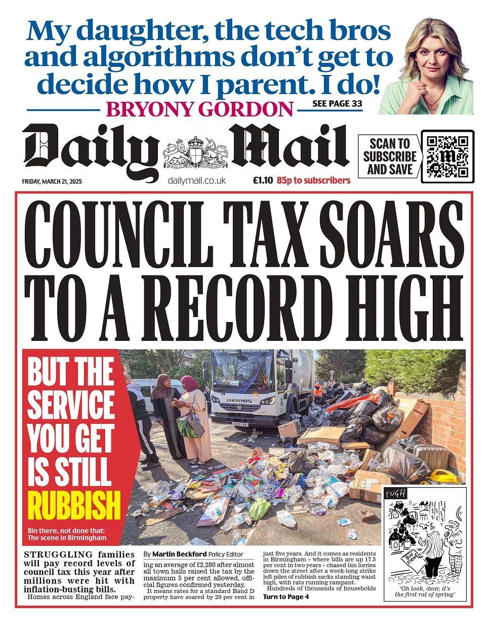 Front page of the Daily Mail for Friday 21 March 2025.