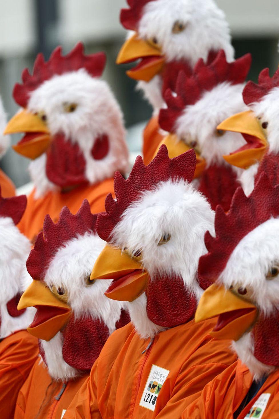 Animal activists, wearing chicken masks, take part in a protest against "Marie", France's leading ready-made meal brand, and its owner group, LDC, in front of the city hall of Rungis, south of Paris, on May 13, 2024.