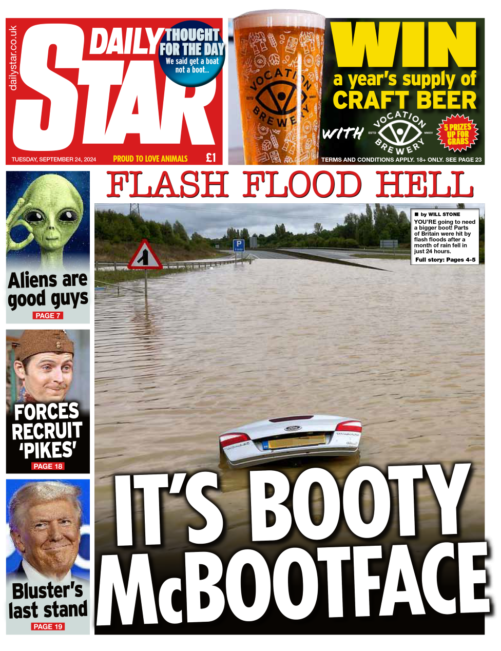 The front page of the Daily Star. The headline reads: 'Flash flood hell'.