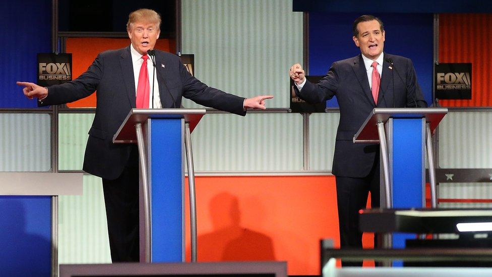 Donald Trump and Ted Cruz on stage during a debate