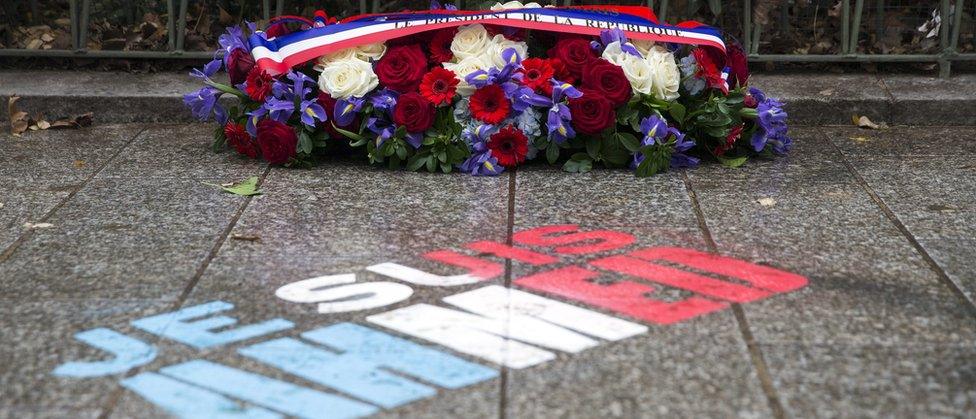 A wreath for policeman Ahmed Merabet, murdered by the Kouachi brothers near the Charlie Hebdo offices (5 Jan)