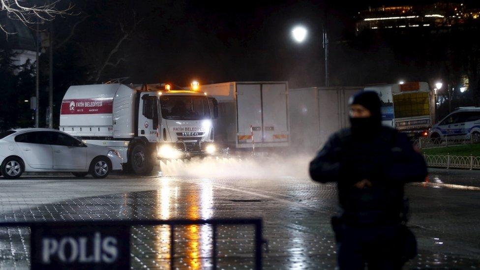 A local municipality vehicle cleans the streets at Sultanahmet square in Istanbul, Turkey, January 12