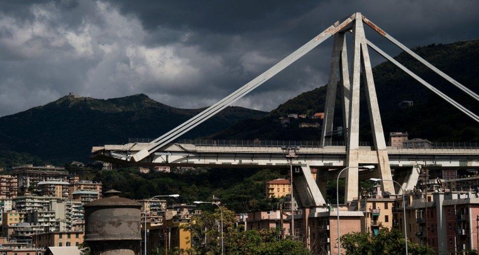 A picture shows the collapsed Morandi motorway bridge in Genoa on 2 September, 2018.