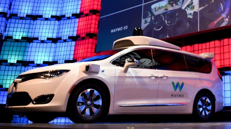 A Waymo car on stage at the 2017 Web Summit in Lisbon on November 7, 2017.