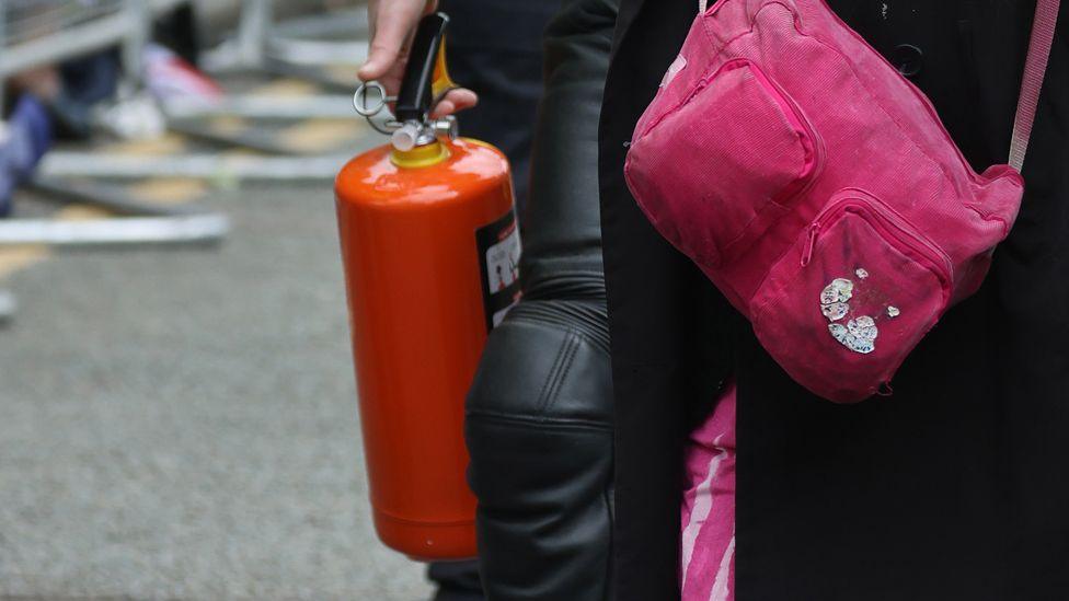 A device used by protesters to spray powder paint into the air near Chester Cathedral