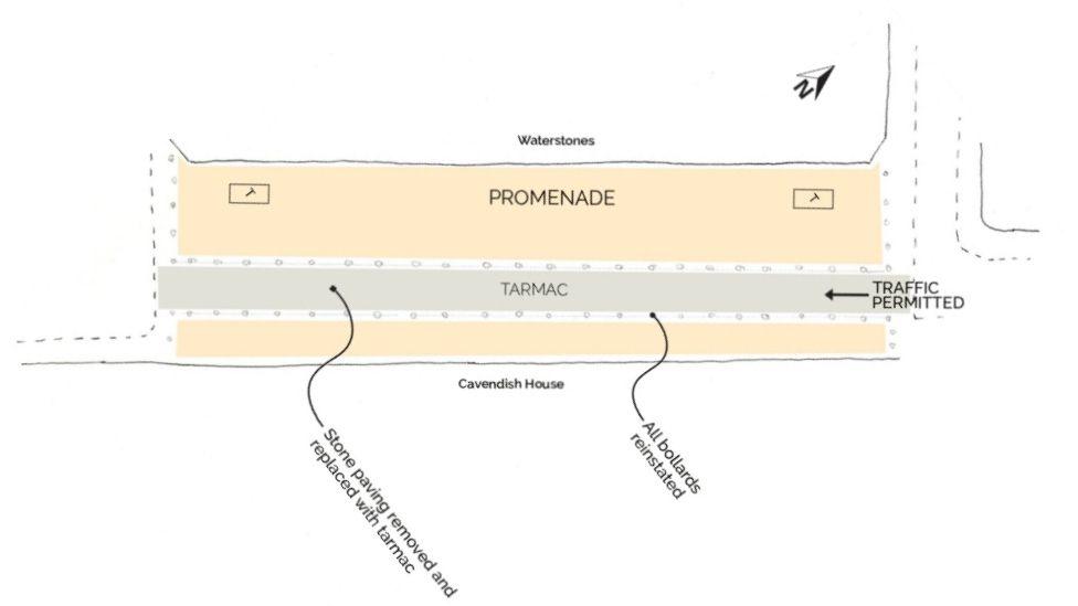 A rough sketch showing what the resurfacing plan is. It shows the layout of the long straight promenade, with a tarmac road going down the middle. There are two arrows which say 'all bollards reinstated' and 'stone paving removed and replaced with tarmac'. 