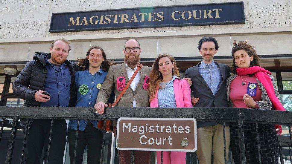 Extinction Rebellion members (left to right) Liam Norton, James Ozden, Morgan Trowland, Eleanor Bujak, Timothy Speers, and Sally Davidson