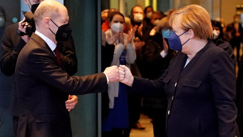 German Chancellor Olaf Scholz says goodbye to former German Chancellor Angela Merkel after the official handing over ceremony of the Chancellery in Berlin, Germany, 08 December 2021