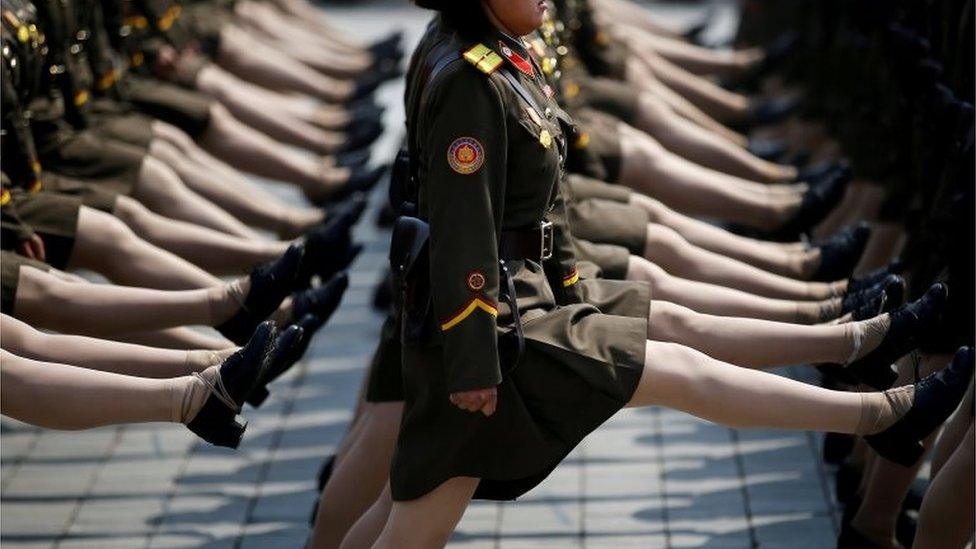 North Korean soldiers march during a military parade marking the 105th birth anniversary of the country"s founding father Kim Il Sung in Pyongyang, North Korea, April 15, 2017.