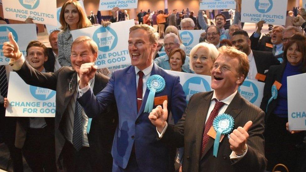 Newly-elected Brexit Party MEPs Rupert Lowe, Martin Daubney and Andrew Kerr