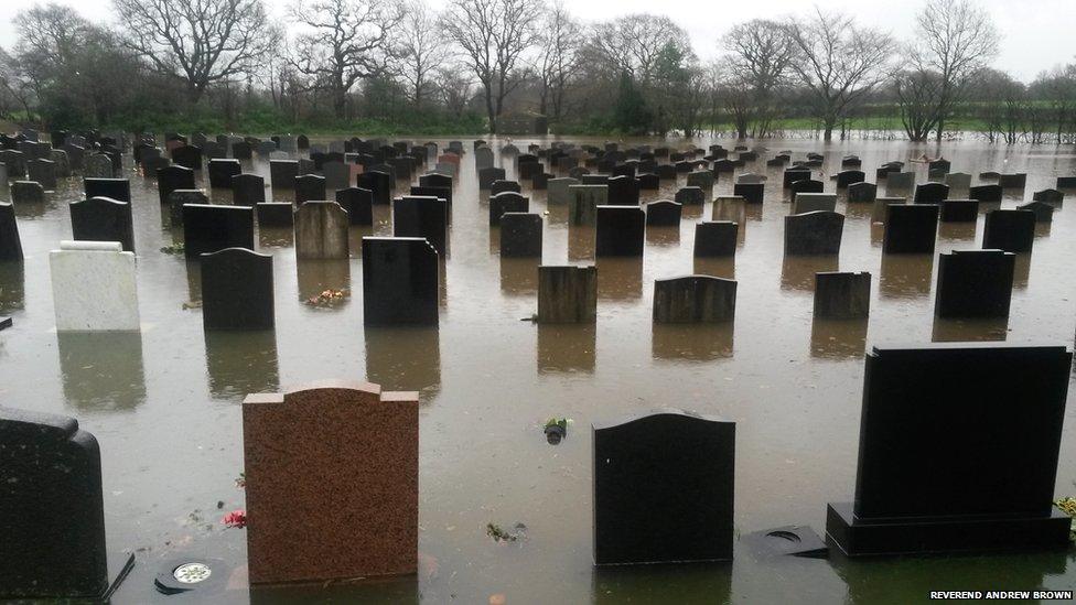 Graveyard at St Mary's Church in Eccleston completely under water