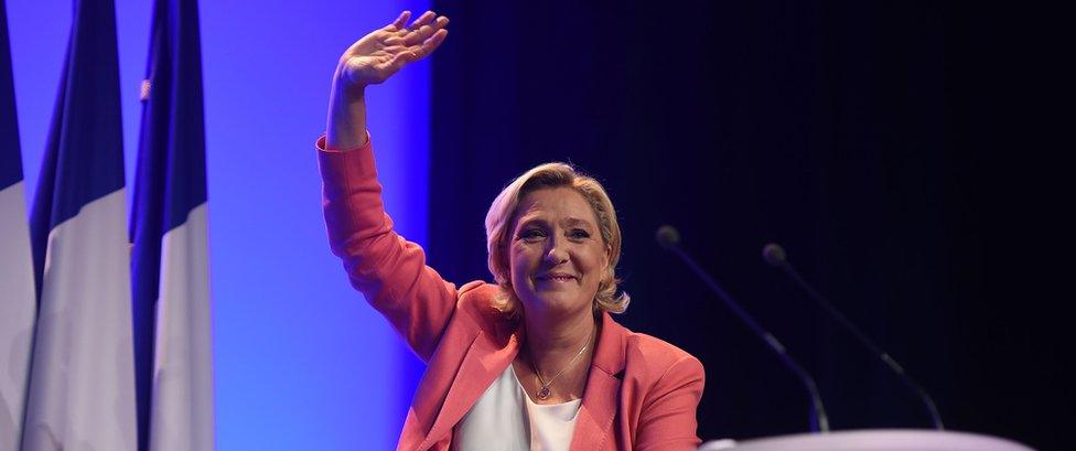 File pic of Marine Le Pen addressing a National Rally meeting near Paris on 23 September 2018