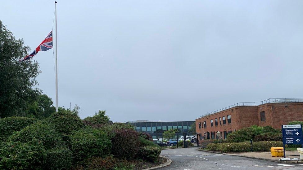 The flag is flying at half-mast at Bedfordshire Police HQ in Kempston