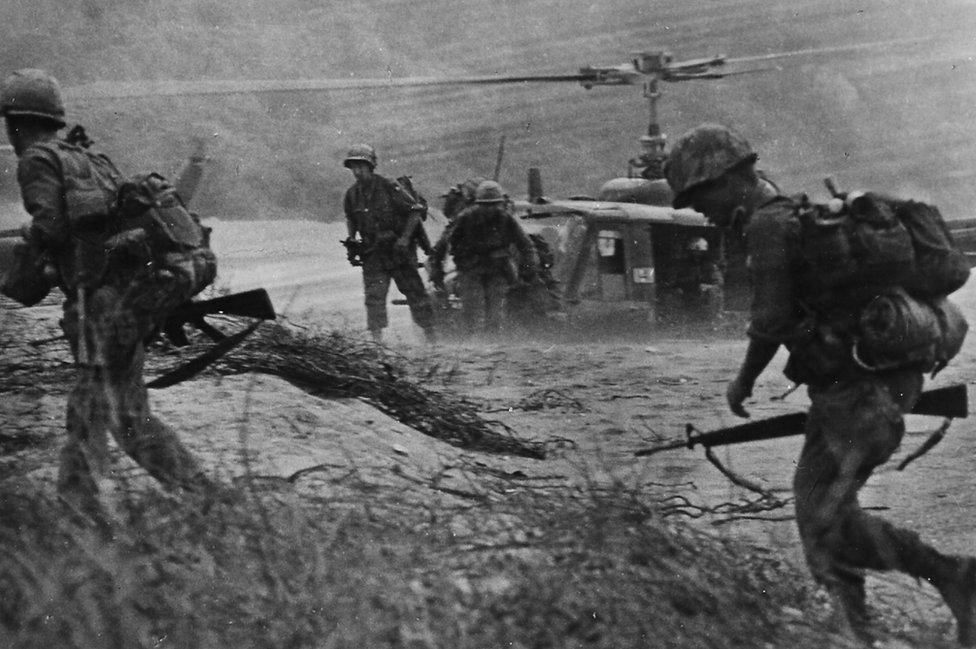 US Army soldiers of Troop A (Americal Division's 1st Squadron, 1st Cavalry) land near Landing Zone Fiddler's Green, July 1969