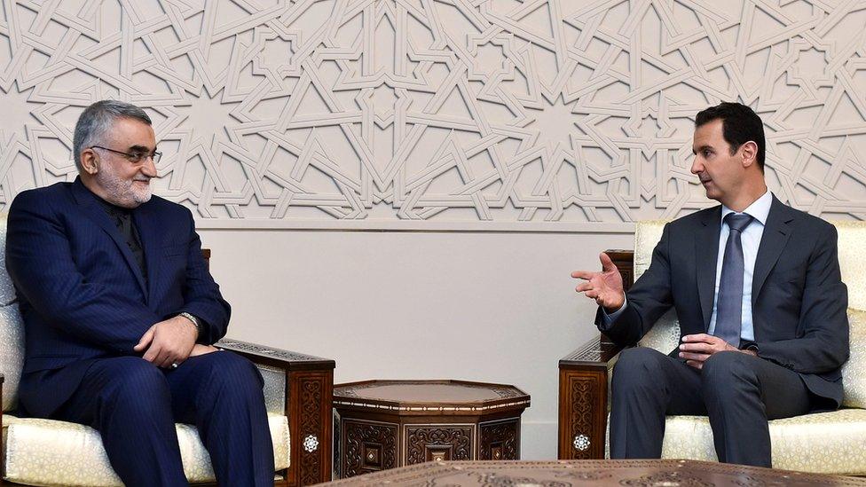 Syrian President Bashar al-Assad (R) meets Alaeddin Boroujerdi (L), the chairman of the Iranian parliament's foreign affairs and national security committee, in Damascus, Syria (15 October 2015)