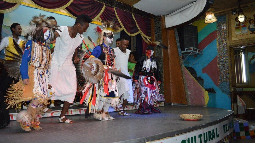 Intercultural event organized by US embassy in Addis Ababa, featuring Native American dancing and traditional Ethiopian dancing.