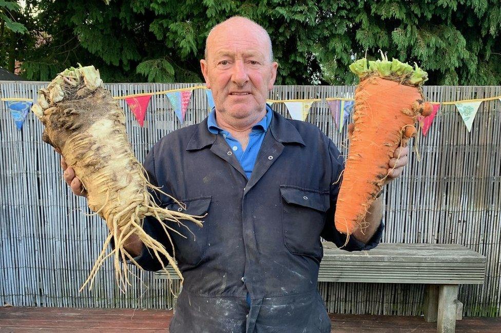 Joe Atherton with his giant vegetables