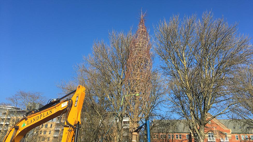 Tree winched into position