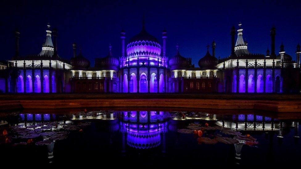 Brighton Pavilion lit up in purple