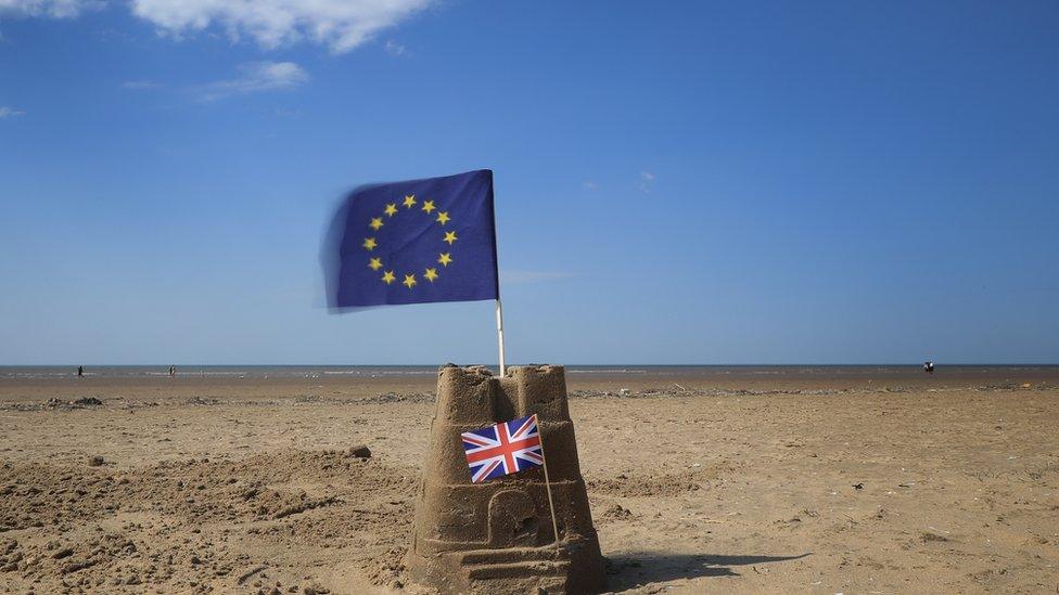 EU and UK flags on beach