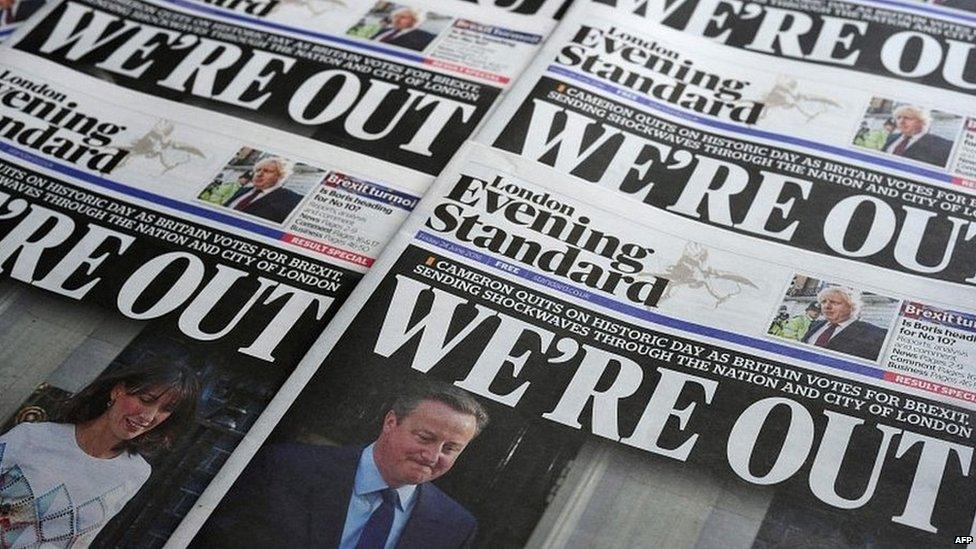 Newspaper headlines reporting the result of the 2016 Brexit referendum