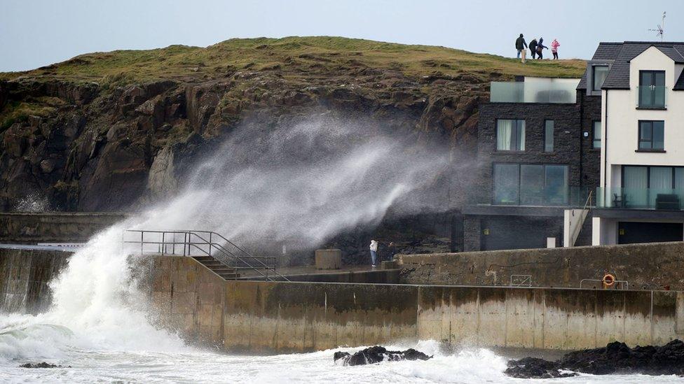 Big waves hit the sea wall at Portstewart in County Londonderry