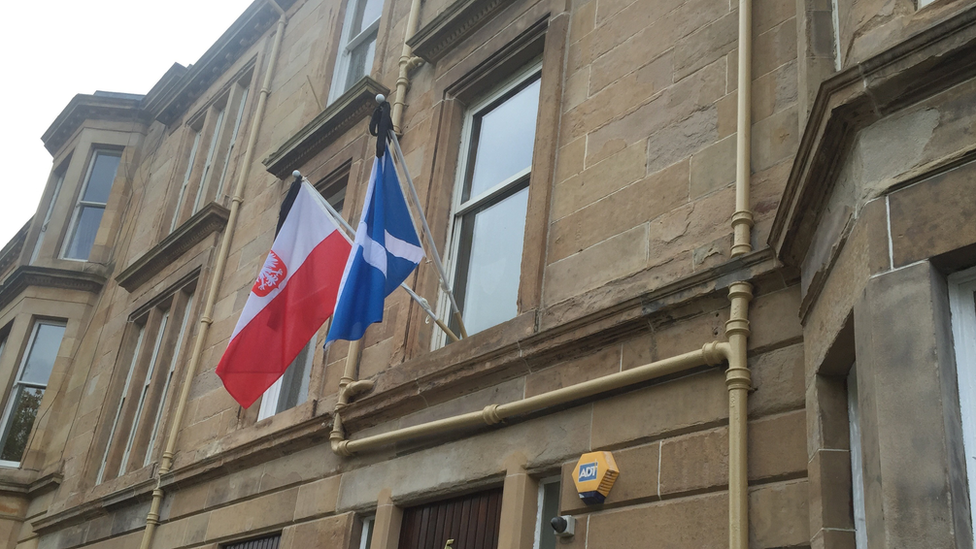 Flags on building