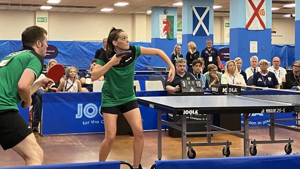 Guernsey table tennis players Garry Dodd and Alice Edwards in the mixed doubles semi-final at The Island Games 2023