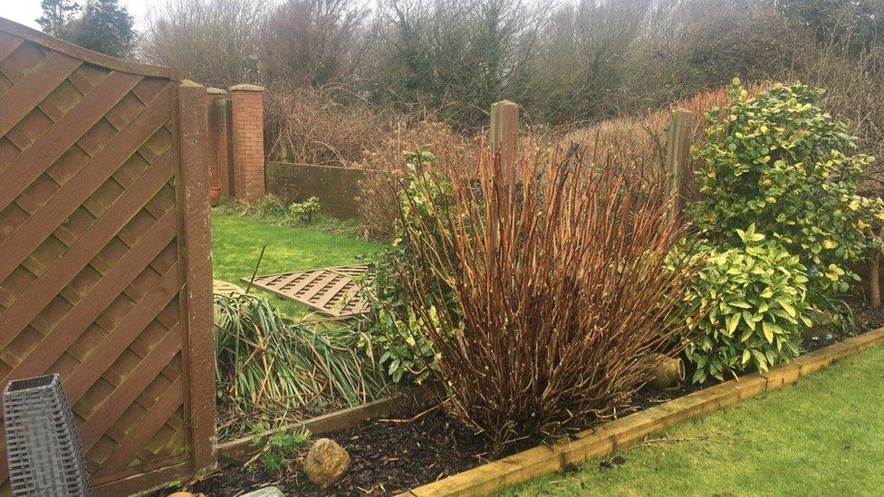 Broken fence at Winifred Morgan's home