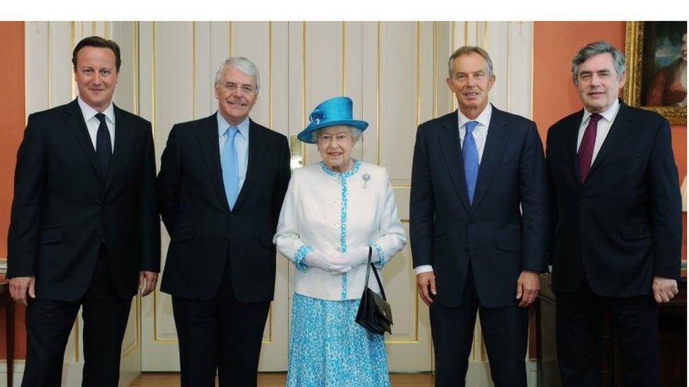 The Queen with David Cameron, Sir John Major, Tony Blair and Gordon Brown in 2012